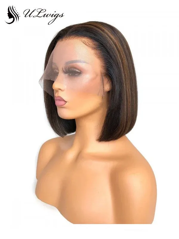 2020 New Rena Lace Front Bob Wig Brown Streaks With Bleached Knots ULWIGS128