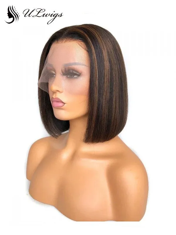2020 New Rena Lace Front Bob Wig Brown Streaks With Bleached Knots ULWIGS128