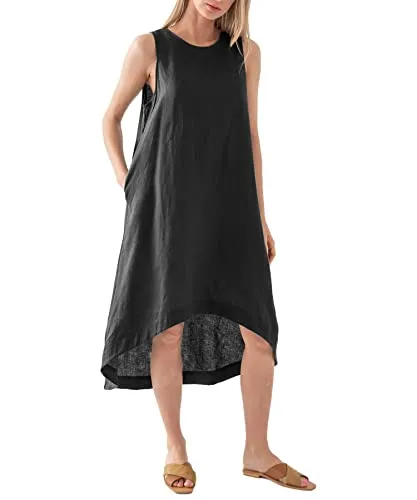 Amazhiyu Women’s 100% Linen High Low Midi Dress with Pockets
