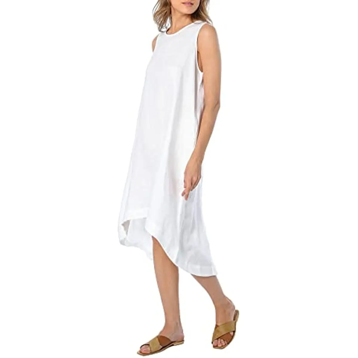 Amazhiyu Women’s 100% Linen High Low Midi Dress with Pockets