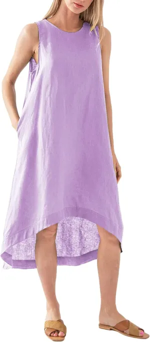 Amazhiyu Women’s 100% Linen High Low Midi Dress with Pockets