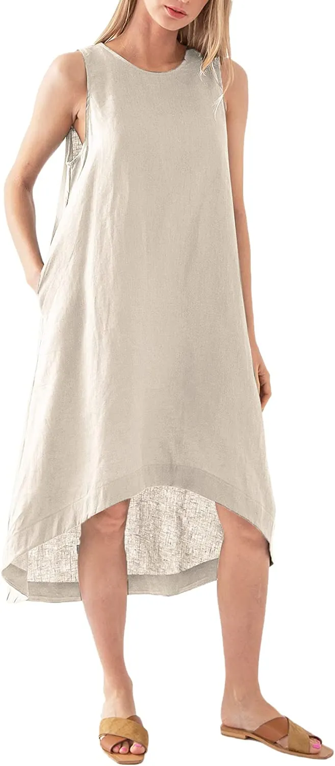 Amazhiyu Women’s 100% Linen High Low Midi Dress with Pockets