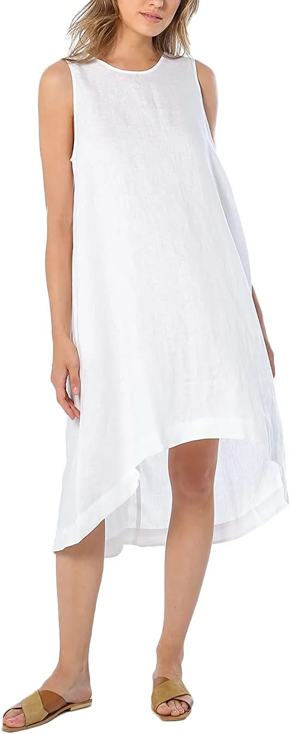 Amazhiyu Women’s 100% Linen High Low Midi Dress with Pockets
