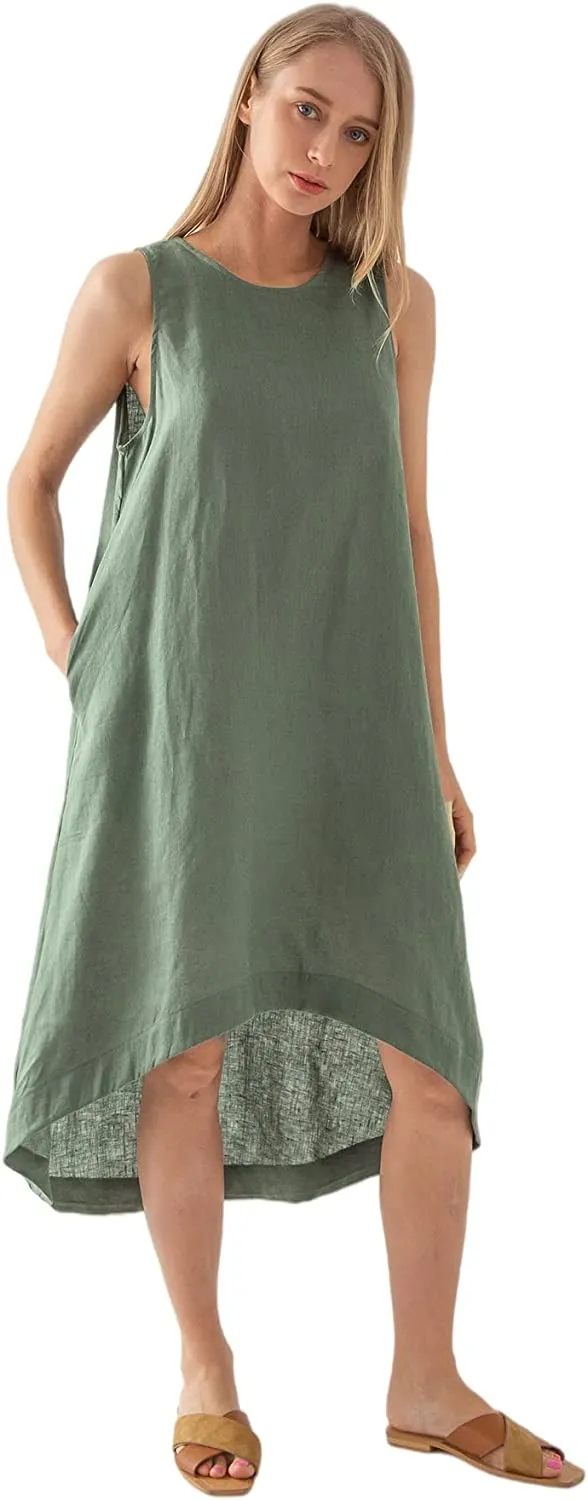 Amazhiyu Women’s 100% Linen High Low Midi Dress with Pockets