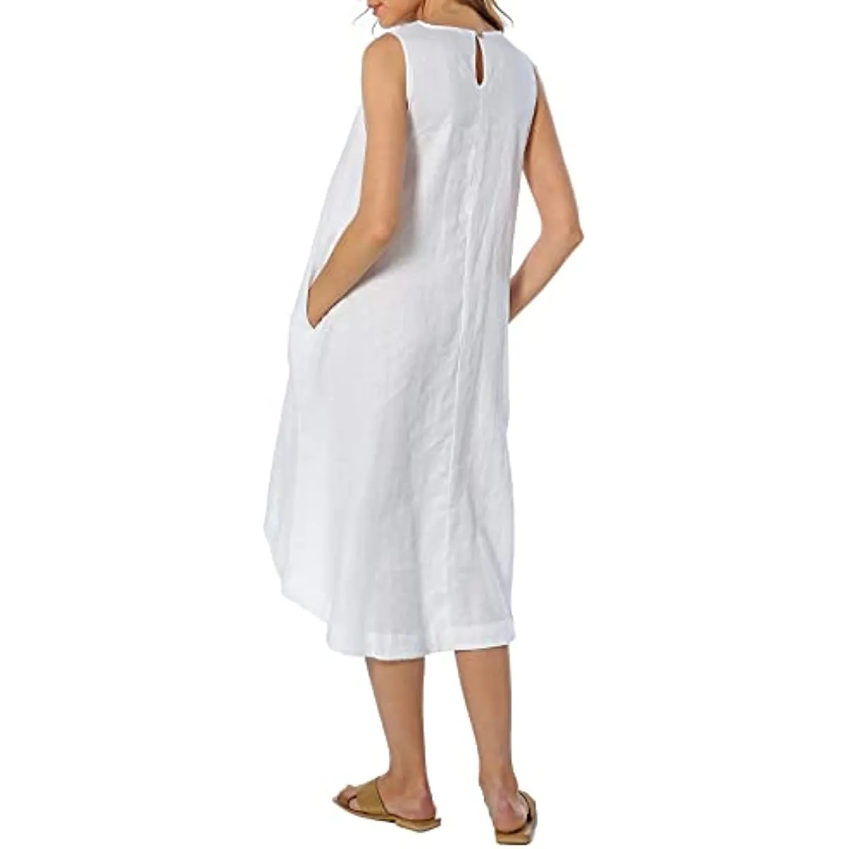 Amazhiyu Women’s 100% Linen High Low Midi Dress with Pockets