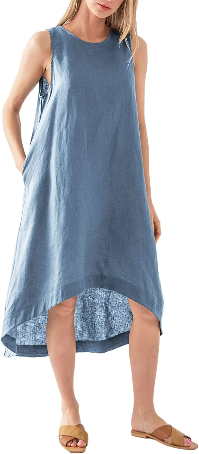 Amazhiyu Women’s 100% Linen High Low Midi Dress with Pockets