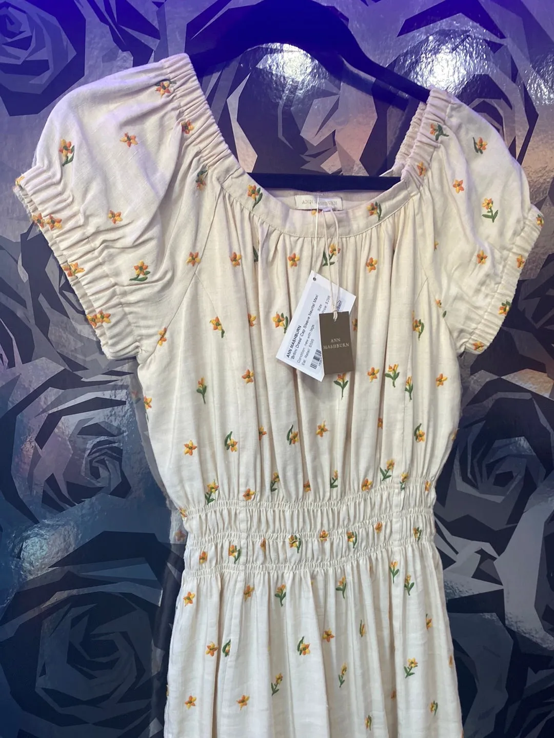 ANN MASHBURN 'Britini Dress' Cap Sleeve Neurtal Maxi Dress with Embroidered Flowers