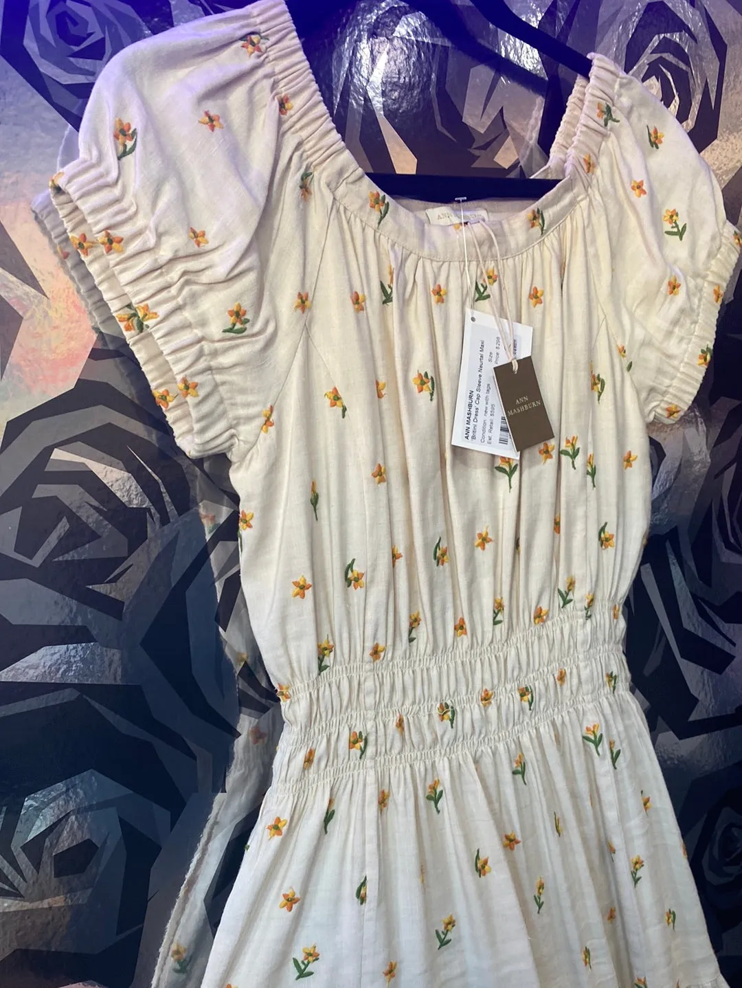 ANN MASHBURN 'Britini Dress' Cap Sleeve Neurtal Maxi Dress with Embroidered Flowers