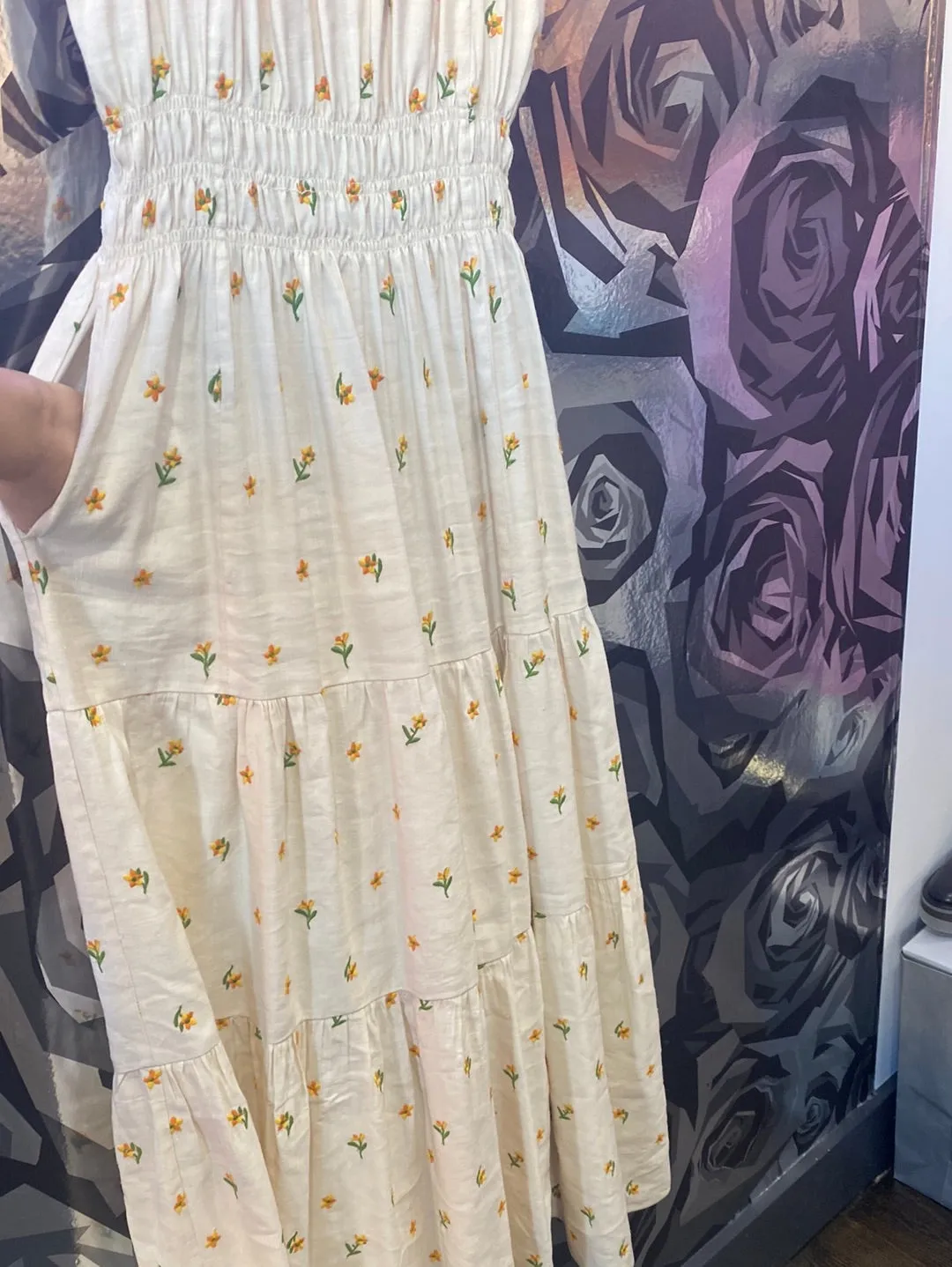 ANN MASHBURN 'Britini Dress' Cap Sleeve Neurtal Maxi Dress with Embroidered Flowers