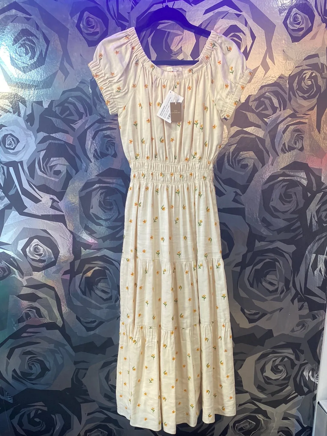 ANN MASHBURN 'Britini Dress' Cap Sleeve Neurtal Maxi Dress with Embroidered Flowers