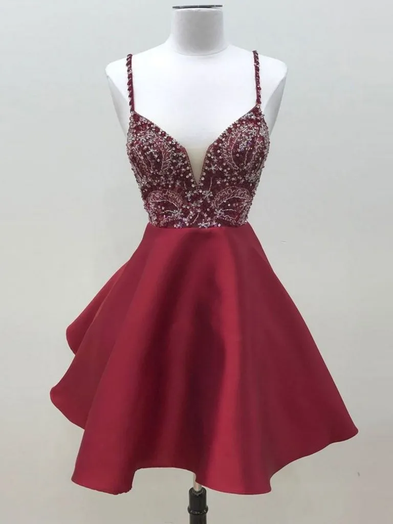 Anneprom Burgundy Homecoming Dress A-line Straps Satin Short Prom Dress APH0096