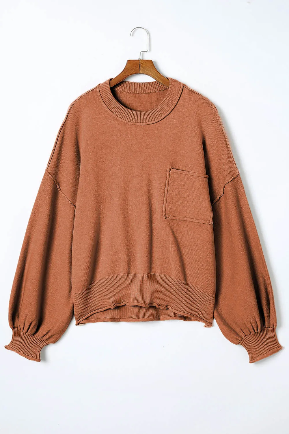 Apricot Raw Edge Patch Pocket Exposed Seam Loose Sweater