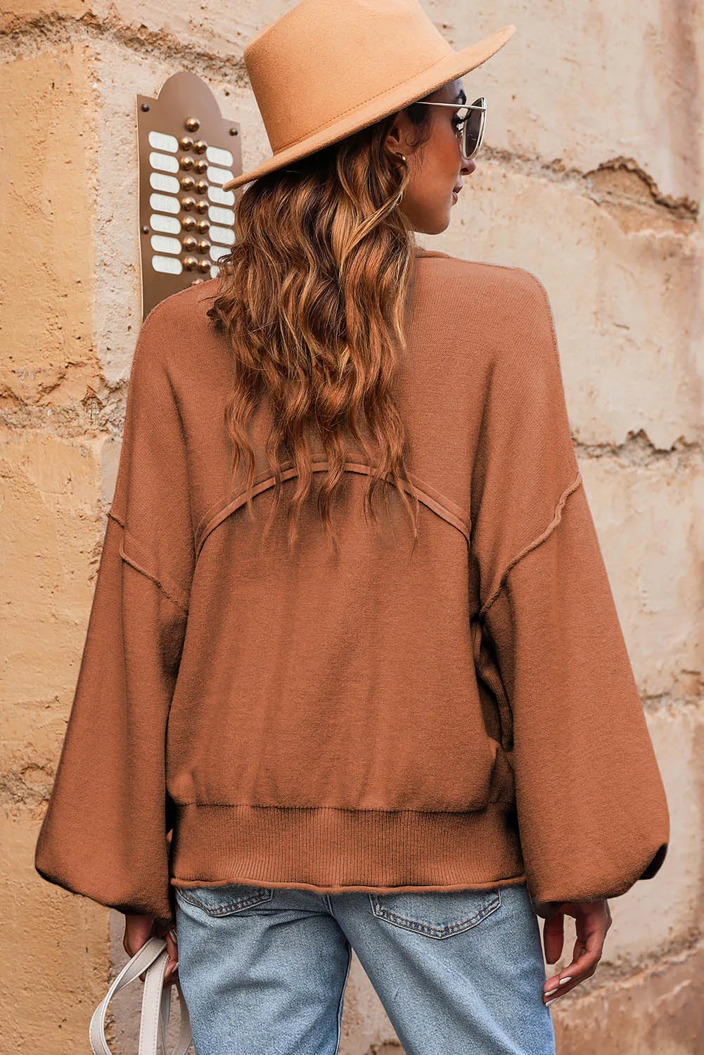 Apricot Raw Edge Patch Pocket Exposed Seam Loose Sweater