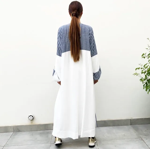 AW19 STYLISH BLUE STRIPE COLOUR BLOCK LINEN ABAYA