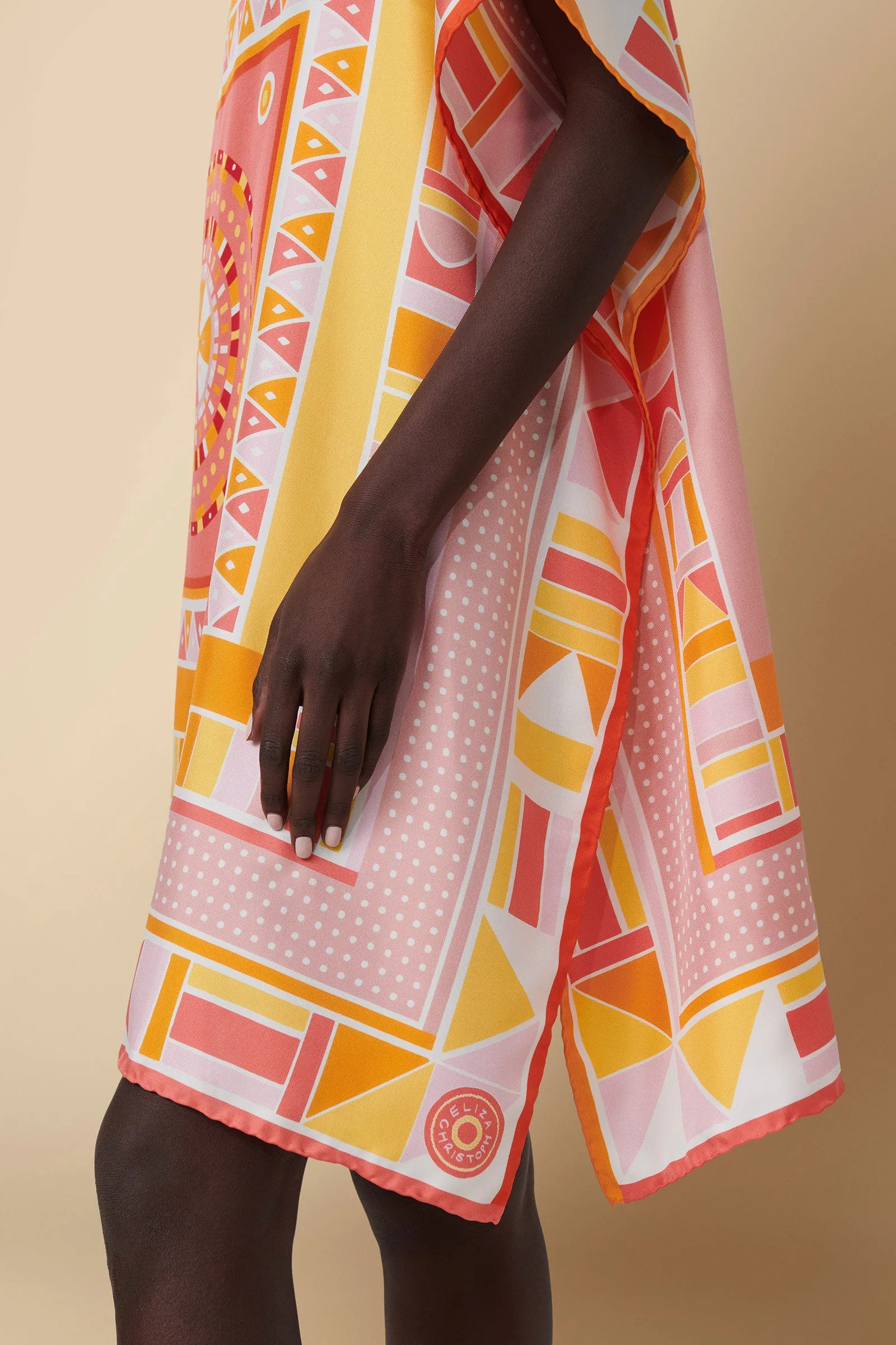 Beadwork Printed Silk Twill Kaftan Swimsuit Coverup in Pink