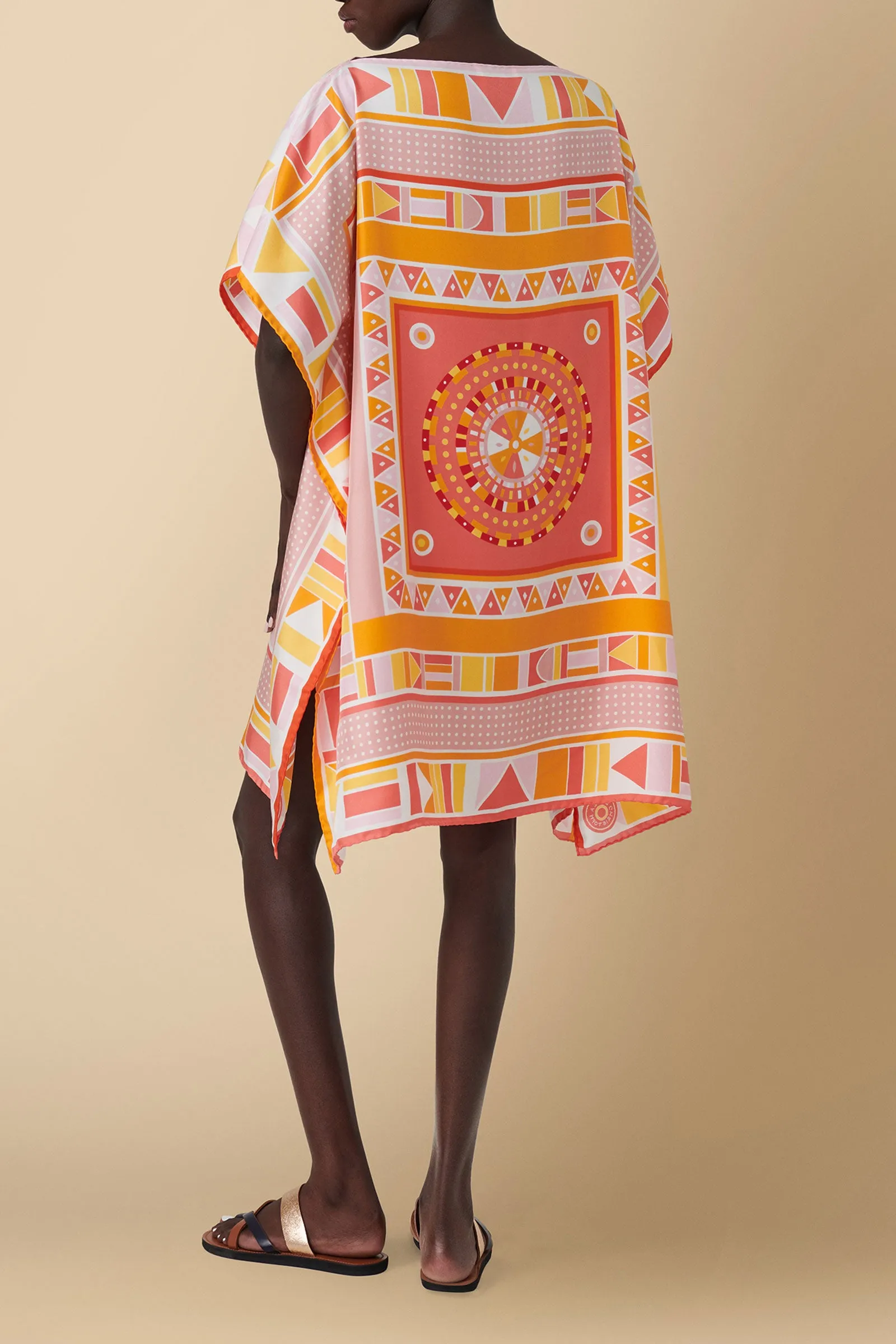 Beadwork Printed Silk Twill Kaftan Swimsuit Coverup in Pink