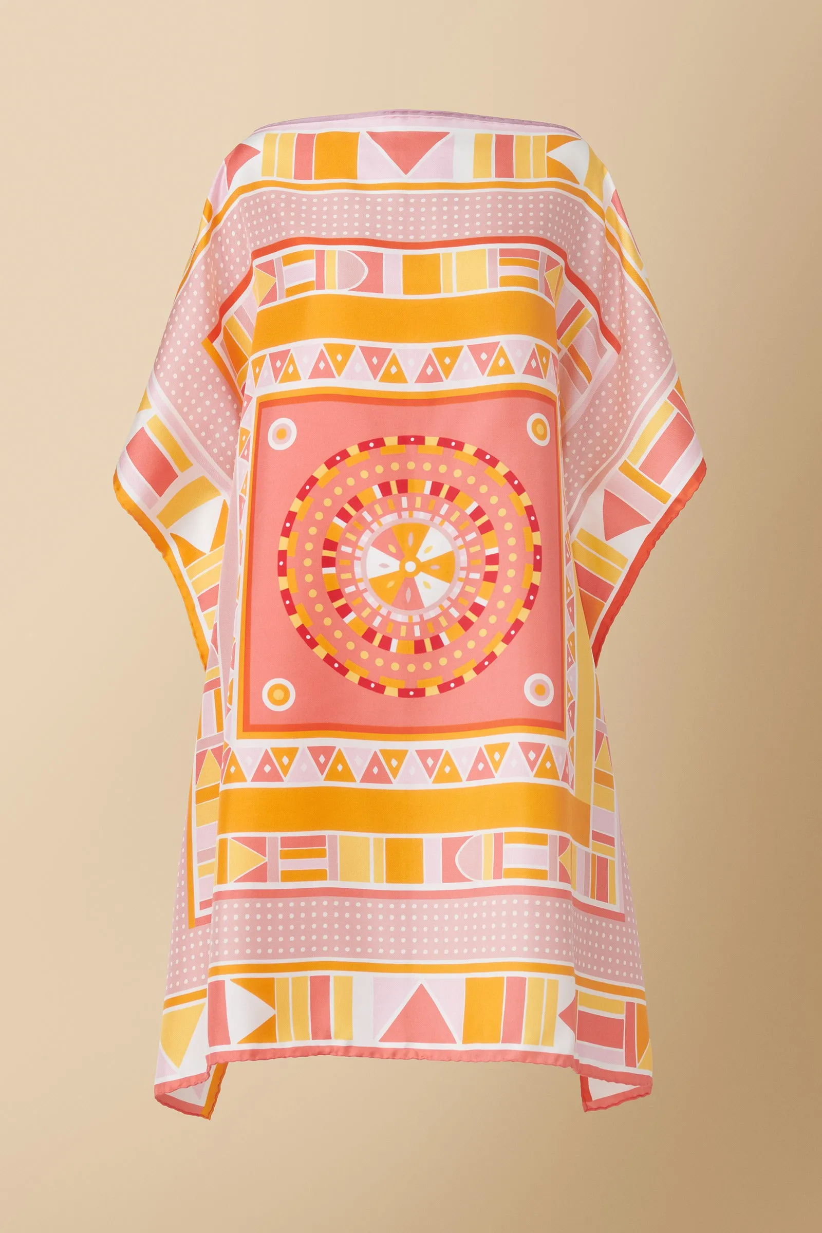 Beadwork Printed Silk Twill Kaftan Swimsuit Coverup in Pink