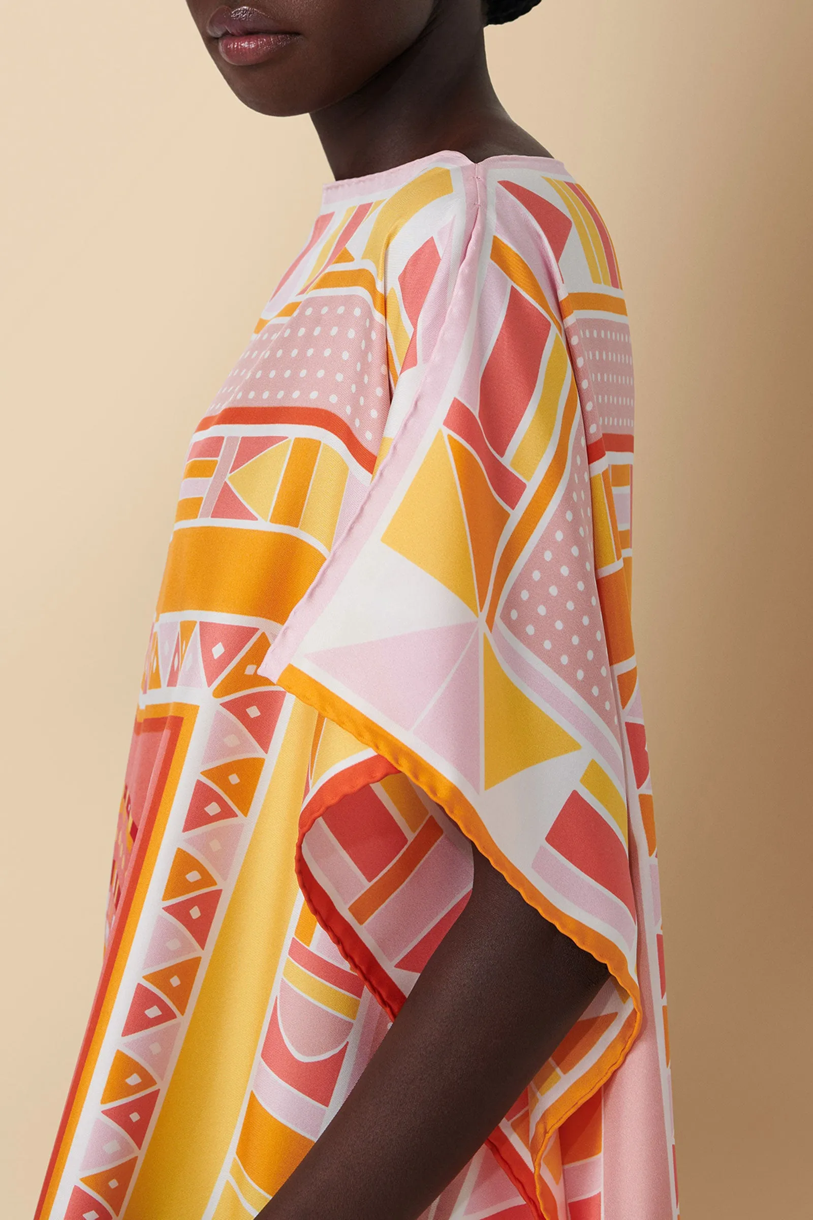 Beadwork Printed Silk Twill Kaftan Swimsuit Coverup in Pink