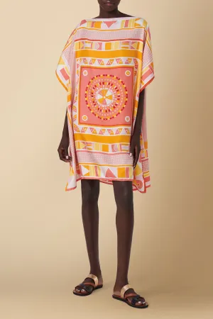 Beadwork Printed Silk Twill Kaftan Swimsuit Coverup in Pink