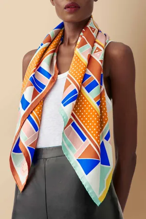 Beadwork Silk Twill Printed Scarf in Blue-Orange