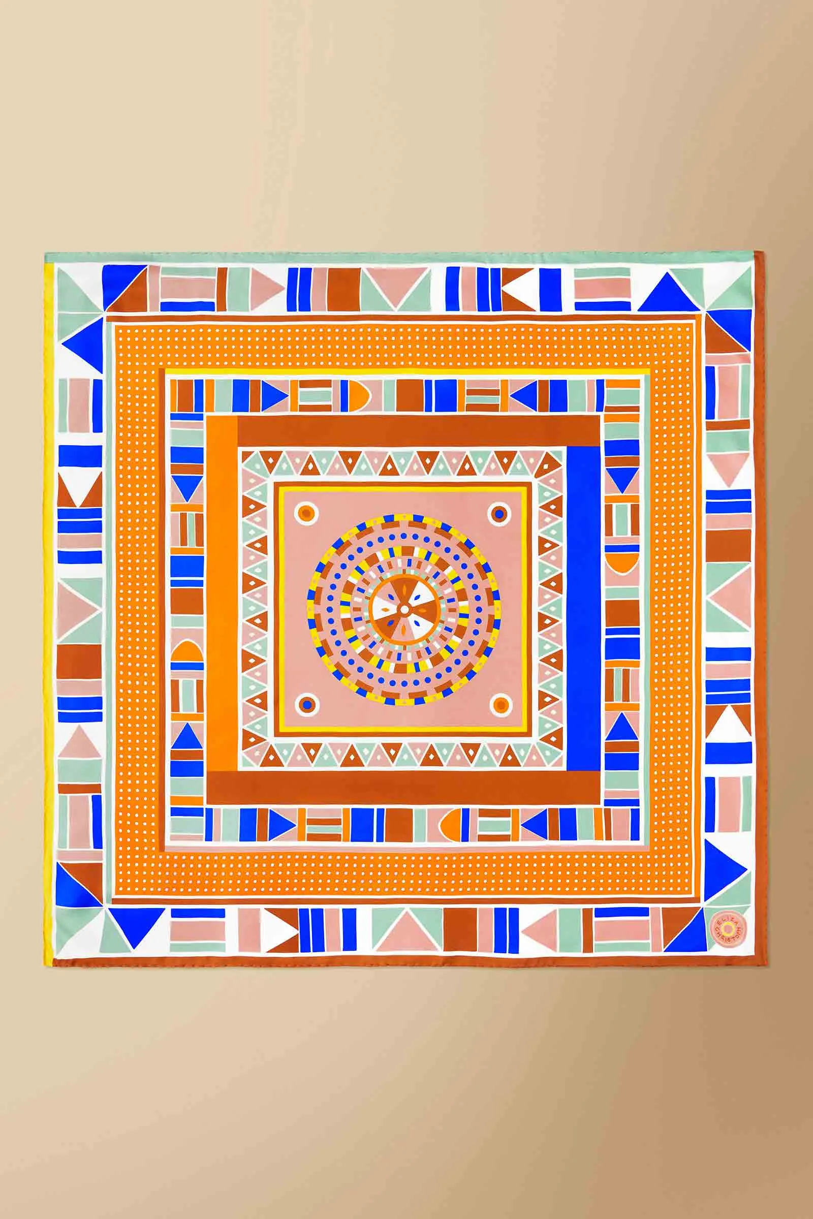Beadwork Silk Twill Scarf in Blue-Orange