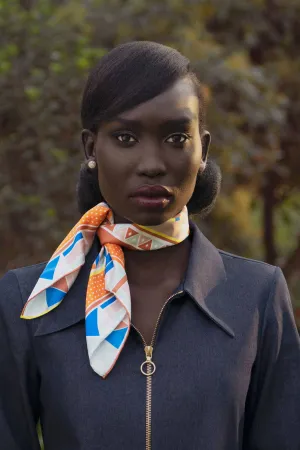 Beadwork Silk Twill Scarf in Blue-Orange
