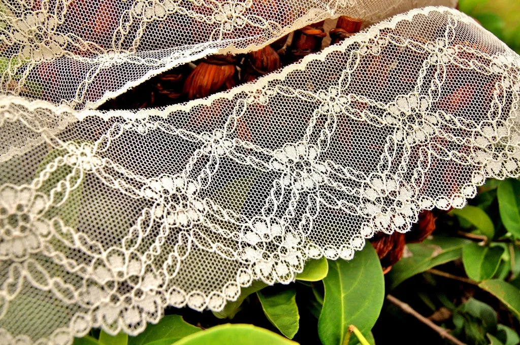 Beautiful Beige Crisscross Embroidered Floral Lace 3¼" wide