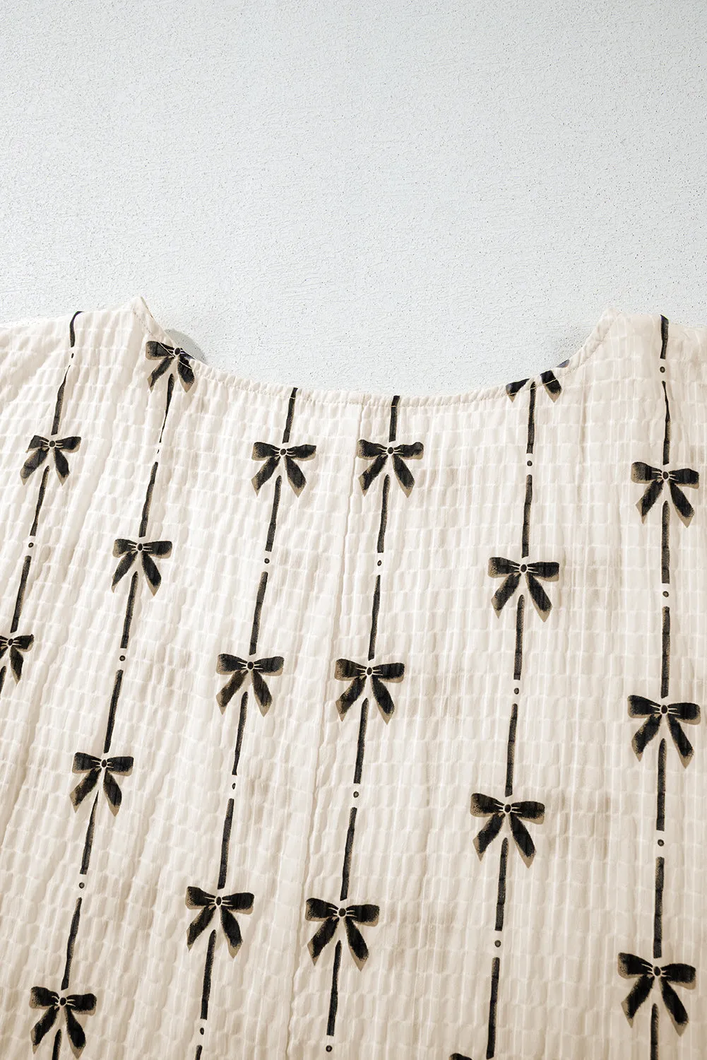 Beige Bow Print Puff Short Sleeve Top