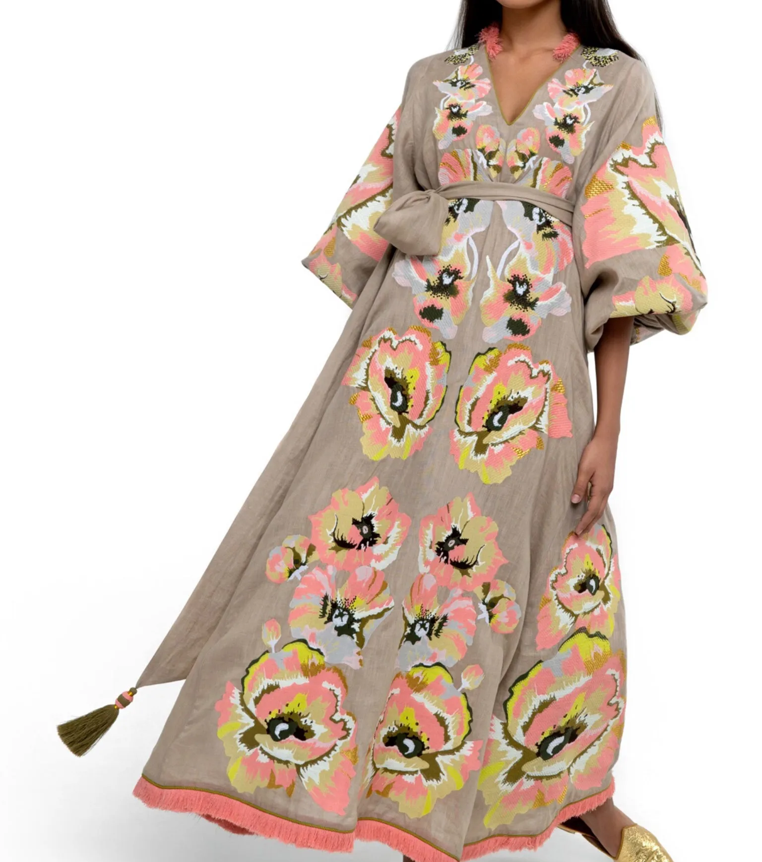 Beige Embroidered Linen Dress