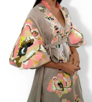 Beige Embroidered Linen Dress