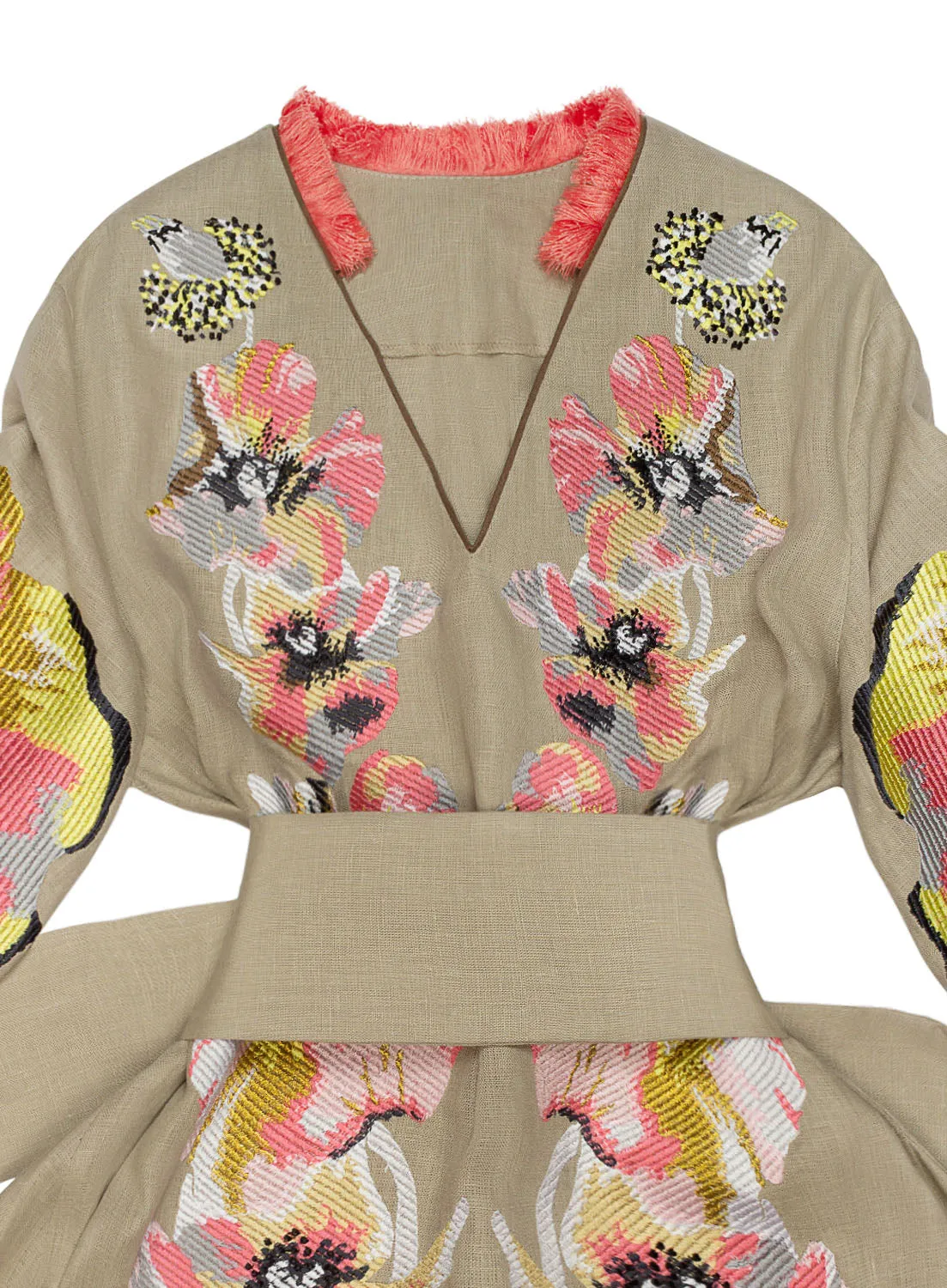 Beige Embroidered Linen Dress