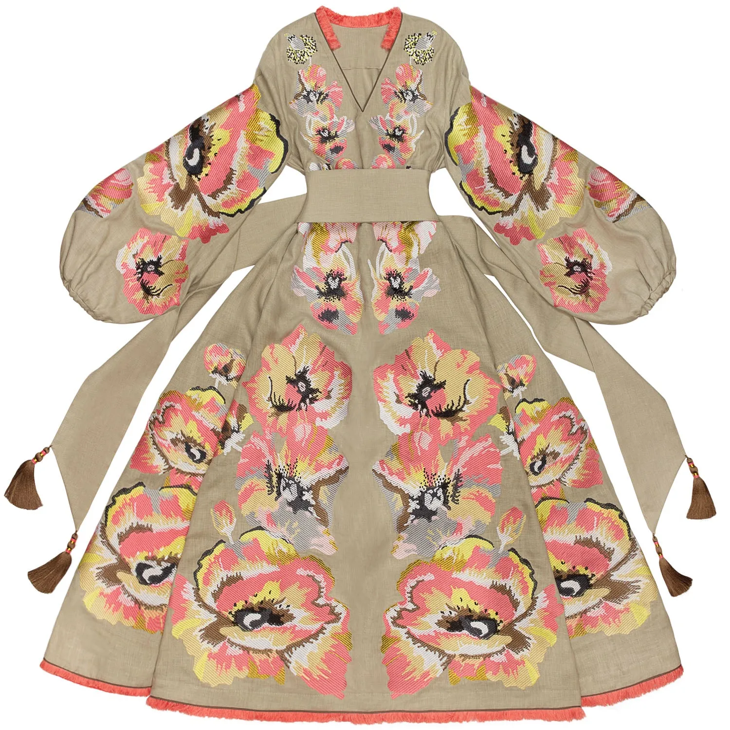 Beige Embroidered Linen Dress