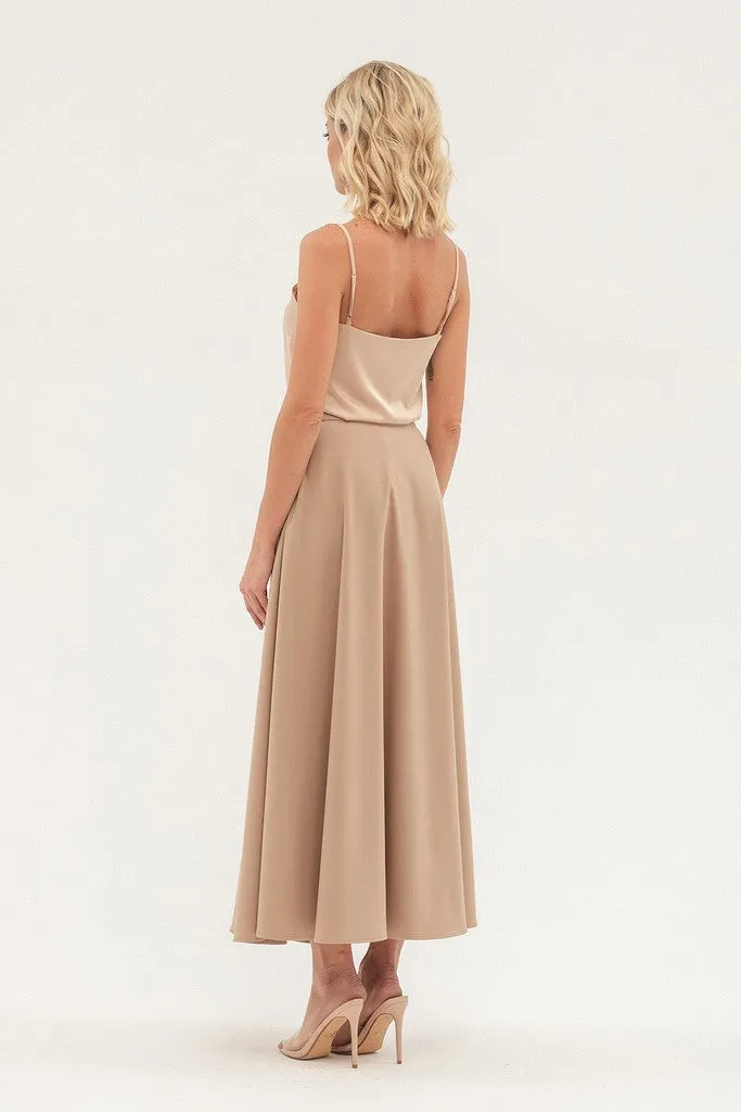 Beige Office Pleated Tea Skirt