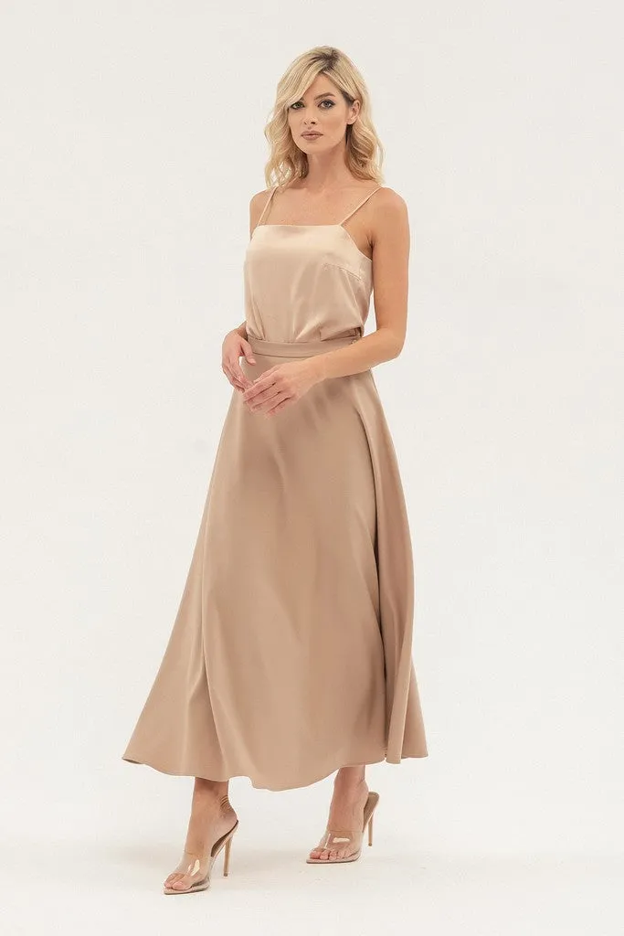 Beige Office Pleated Tea Skirt