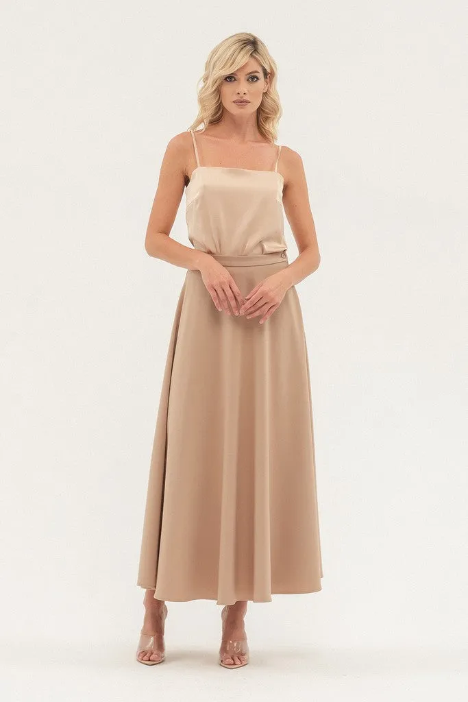 Beige Office Pleated Tea Skirt