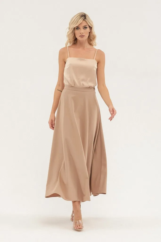 Beige Office Pleated Tea Skirt