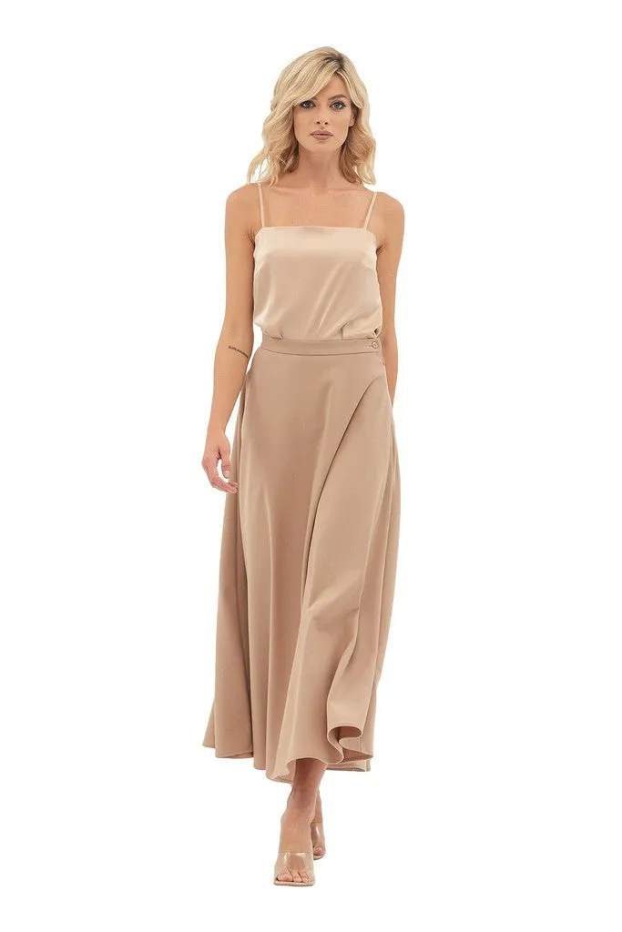 Beige Office Pleated Tea Skirt