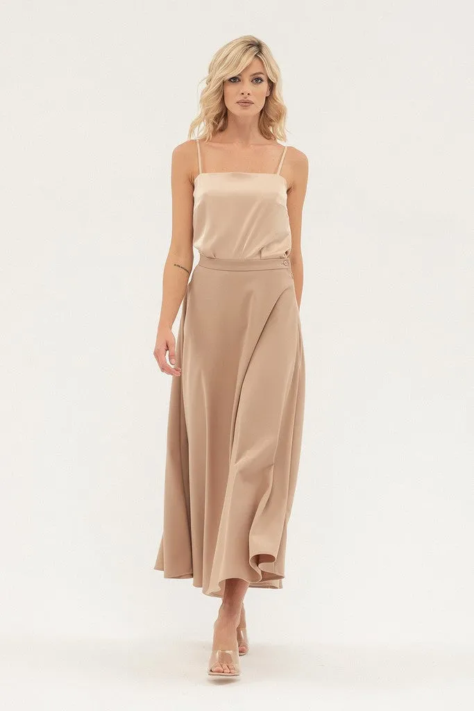 Beige Office Pleated Tea Skirt