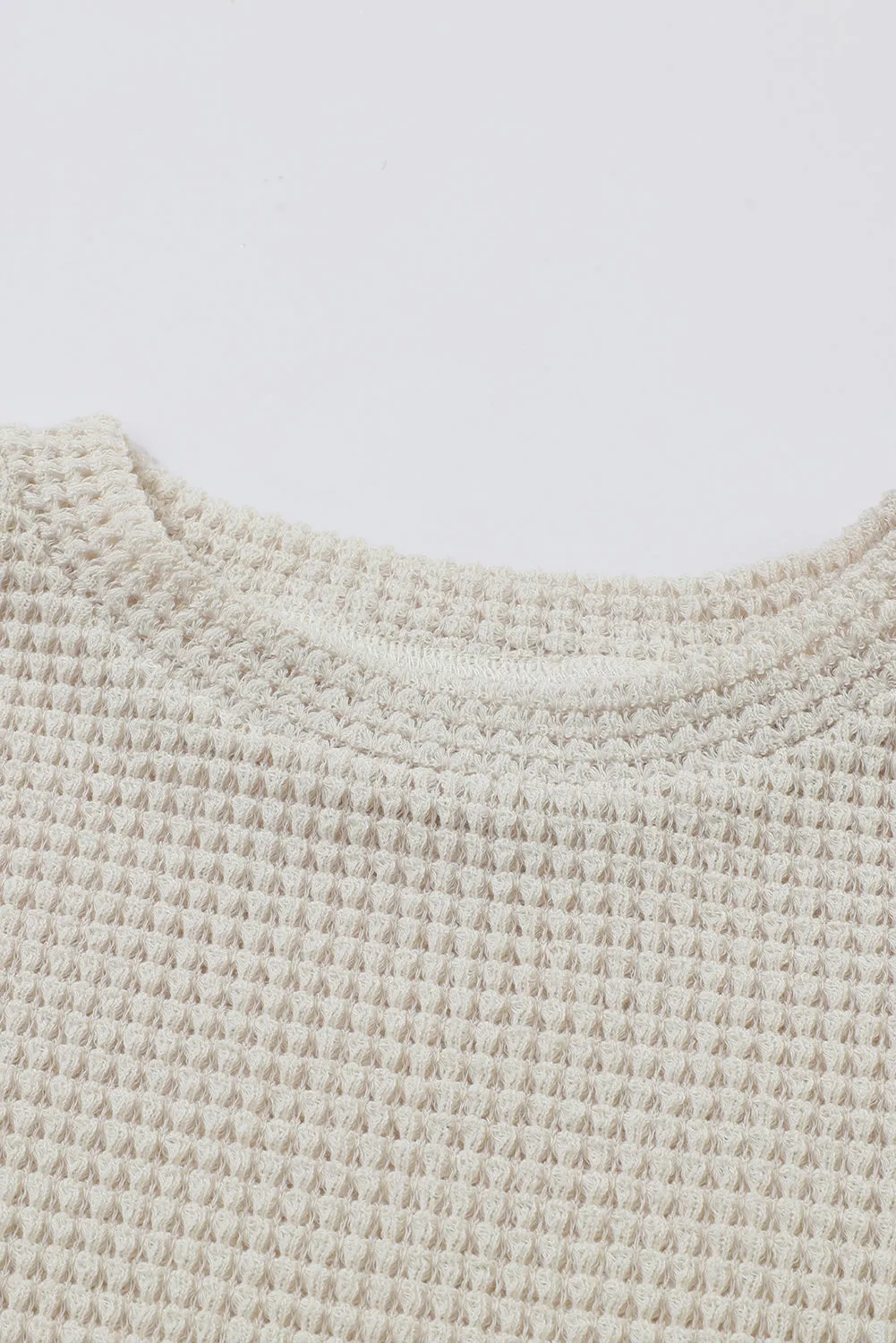 Beige Sunflower Mesh Bubble Sleeve Waffle Knit Top