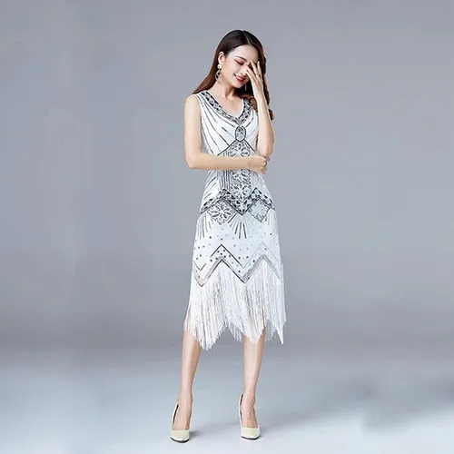 BerryBetty - 1920s Vintage Flapper Great Gatsby Party Dress V-Neck Sleeveless Sequin Beaded style Style Tassel Flapper Vestidos Feminina 1920