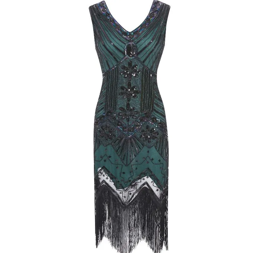 BerryBetty - 1920s Vintage Flapper Great Gatsby Party Dress V-Neck Sleeveless Sequin Beaded style Style Tassel Flapper Vestidos Feminina 1920
