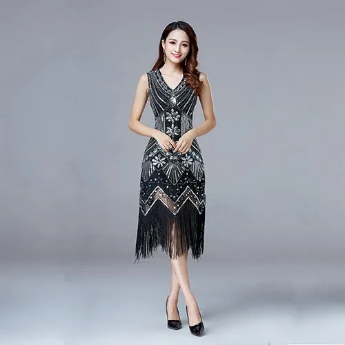 BerryBetty - 1920s Vintage Flapper Great Gatsby Party Dress V-Neck Sleeveless Sequin Beaded style Style Tassel Flapper Vestidos Feminina 1920