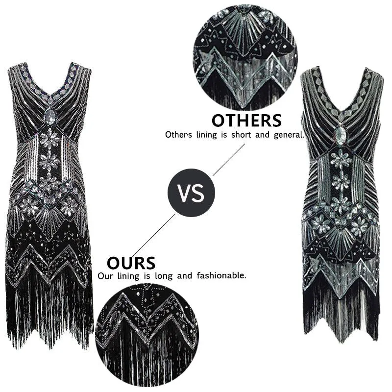 BerryBetty - 1920s Vintage Flapper Great Gatsby Party Dress V-Neck Sleeveless Sequin Beaded style Style Tassel Flapper Vestidos Feminina 1920