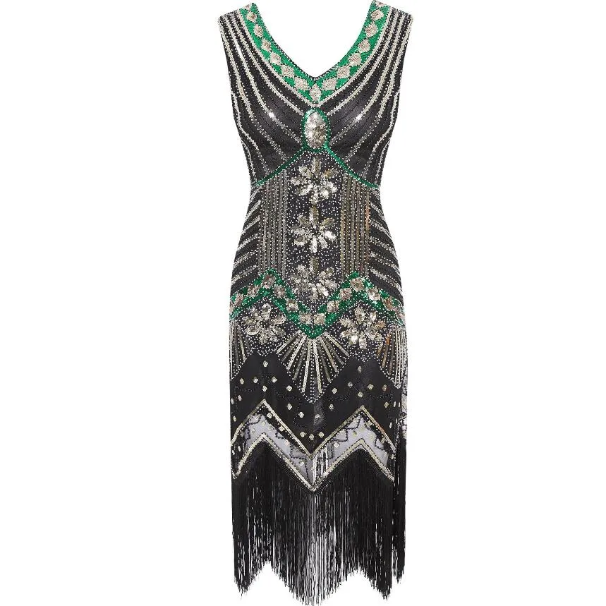 BerryBetty - 1920s Vintage Flapper Great Gatsby Party Dress V-Neck Sleeveless Sequin Beaded style Style Tassel Flapper Vestidos Feminina 1920