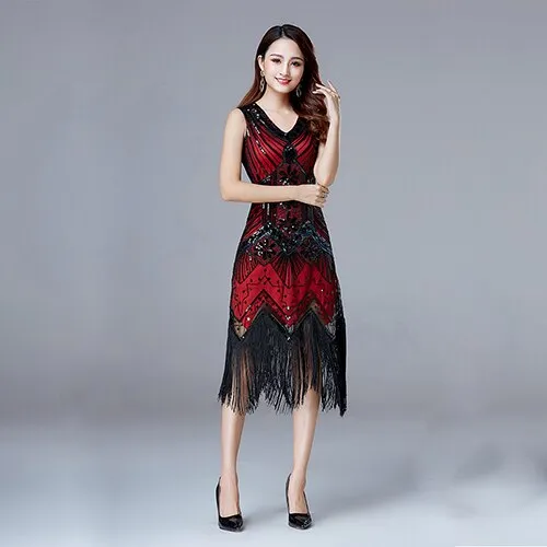 BerryBetty - 1920s Vintage Flapper Great Gatsby Party Dress V-Neck Sleeveless Sequin Beaded style Style Tassel Flapper Vestidos Feminina 1920