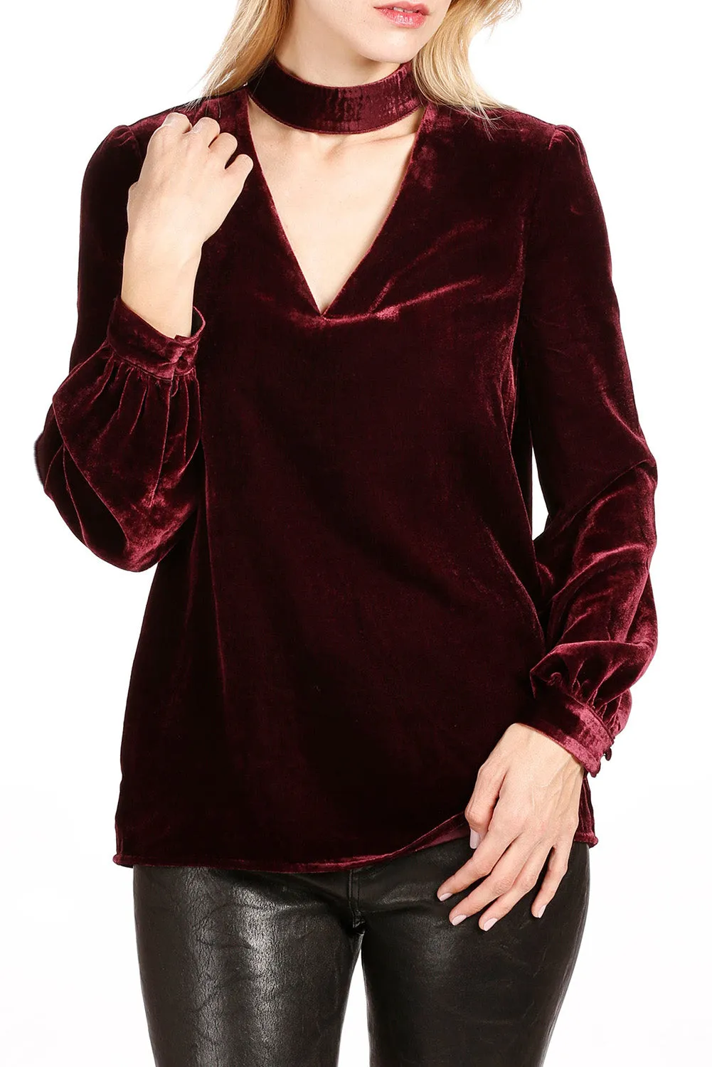 Biking Red Choker Neck Hollow-out Velvet Blouse