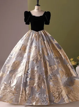 Black Ball Gown Velvet Short Sleeve Quinceanera Dresses