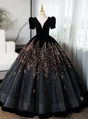 Black Velvet Sequins Short Sleeve Quinceanera Dresses