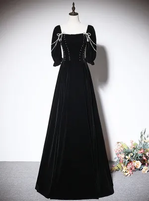 Black Velvet Short Sleeve Pearls Prom Dresses