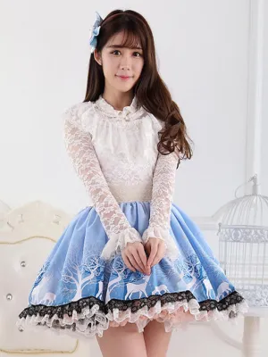 Blue Short Lolita Skirt Lace Trim Polyester Print